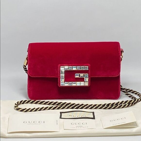 Gucci red Broadway velvet crystal G shoulder bag - Picture 4 of 16